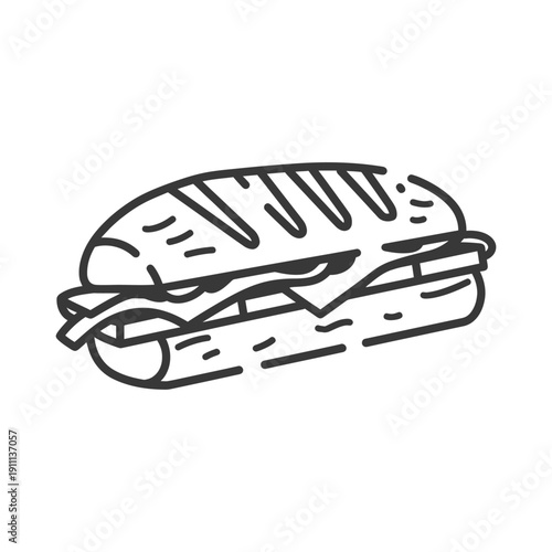 A simple black and white illustration of a delicious sandwich