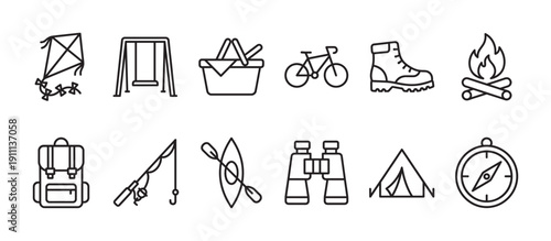Set of black line icons representing outdoor recreation activities like camping, hiking, fishing, and picnicking, including a tent, campfire, backpack, and compass for adventure