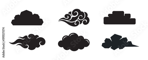 Collection of six black cloud silhouettes in various styles, including traditional Asian ornamental, geometric, and cartoonish forms, presented as a set of graphic design elements