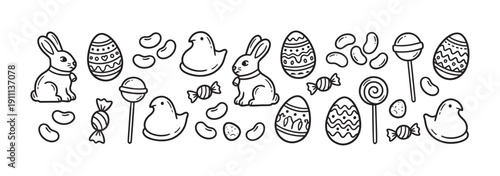Collection of hand-drawn Easter candy illustrations including chocolate bunnies, marshmallow chicks, jelly beans, and decorated eggs in a simple black and white line art doodle style