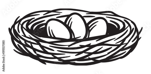 Bird's nest with three eggs rendered in a simple black and white hand-drawn sketch style, symbolizing new life, family, home, spring, and the beginning of a new cycle