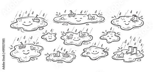Whimsical hand-drawn puddle characters with cute smiling faces play in the rain with toy boats, rubber ducks, and wellington boots in a charming black and white doodle set