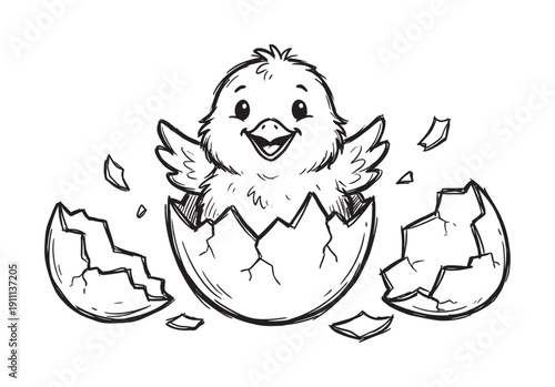 Cute cartoon baby chick happily hatching from a broken eggshell, a joyful black and white line art drawing representing new life and beginnings