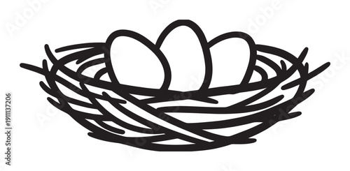 Black and white line drawing of a bird's nest holding three eggs, depicted in a simple, graphic, and minimalist style representing new life, family, and home