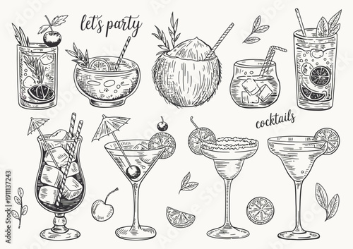 Hand-Drawn Vector Alcoholic Cocktails Set with Fresh Fruits and Ice, Mojito, Margarita, Brandy, Wine, Vodka, Tequila, Whiskey, and Pina Colada Tropical Summer Drinks