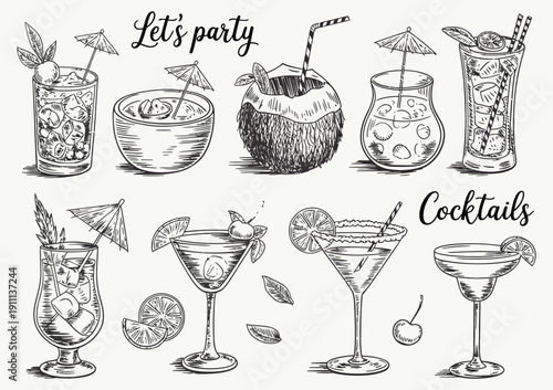 Hand-Drawn Vector Alcoholic Cocktails Set with Fresh Fruits and Ice, Mojito, Margarita, Brandy, Wine, Vodka, Tequila, Whiskey, and Pina Colada Tropical Summer Drinks
