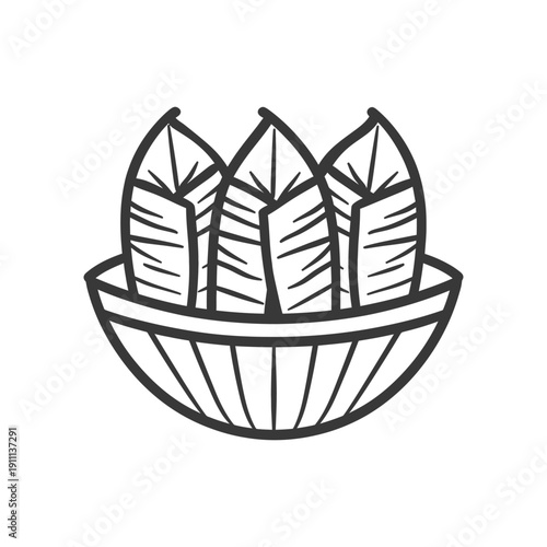 A stylized black and white illustration of three leaf shapes