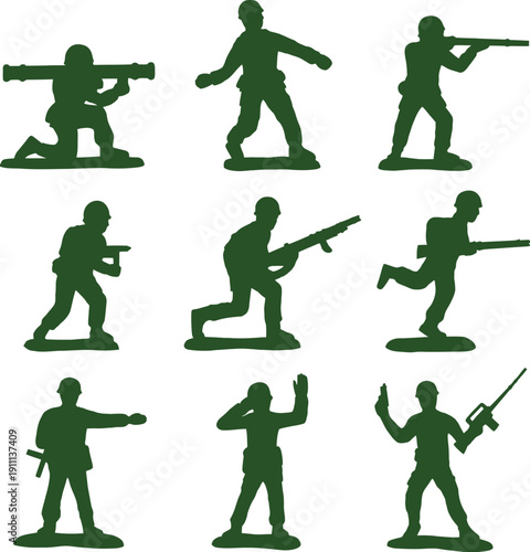 Collection of green toy soldier silhouettes in various combat poses like running, kneeling, and aiming rifles for childhood military play themes and retro game design icons. AI Generative
