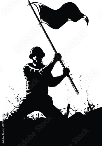 Heroic silhouette of a brave military soldier kneeling and holding a national flag on a battlefield symbolizing victory, patriotism, honor and sacrifice for national freedom and peace AI Generative
