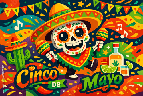 A vibrant illustration of a skeleton in a sombrero celebrating Cinco de Mayo with colorful decorations and festive elements.
