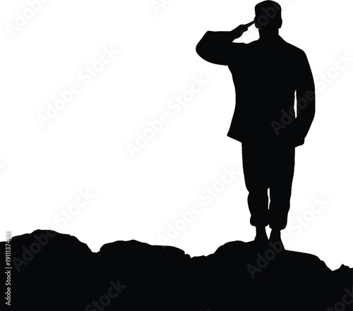 Silhouette of a brave soldier or military officer standing on top of a rocky hill performing a formal salute to honor fallen heroes and veterans during national celebrations. AI Generative
