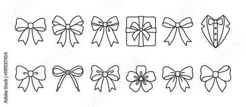 Collection of black line art bow icons in various styles, including a gift box, tuxedo, and flower, for festive decoration and design elements