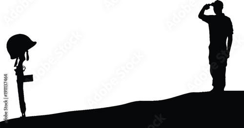 Silhouette of a lone soldier saluting a fallen comrade's battlefield cross consisting of a rifle and helmet to honor the ultimate sacrifice on Memorial Day or Veterans Day ceremonies. AI Generative
