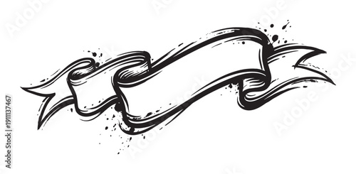 Hand drawn black ink ribbon banner illustration with a dynamic grunge style, featuring flowing brush strokes, sketchy lines, and messy paint splatters for a vintage scroll effect