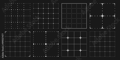 Seamless pattern set with blueprint black grid backgrounds. Thin square lines and regular lattice. Notebook pages for math and engineering drafts.