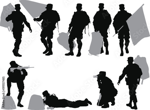 Silhouette collection of military soldiers in various poses including marching with flags, tactical combat stances, and carrying heavy backpacks for army service and national defense missions AI Gener
