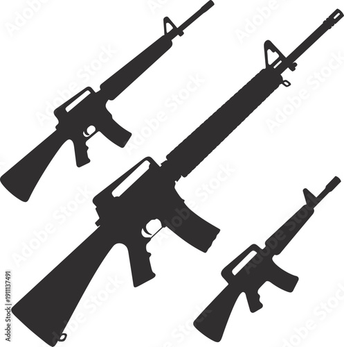Silhouette collection of three M16 assault rifle icons at different angles representing tactical military firearms for army defense warfare and national security design projects AI Generative
