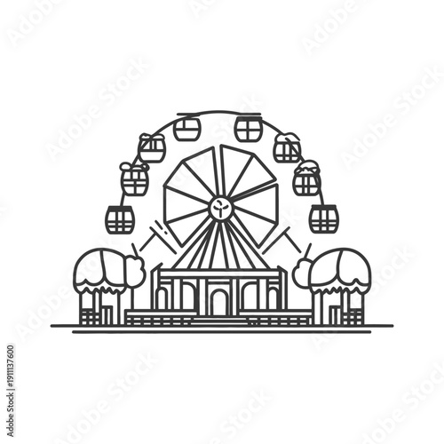 A detailed monochrome illustration of a ferris wheel and landscape