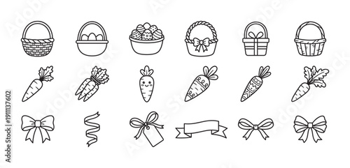Black and white Easter doodle icon set with various wicker baskets, cute carrots, festive bows, and ribbons, illustrated in a clean and simple minimalist line art style
