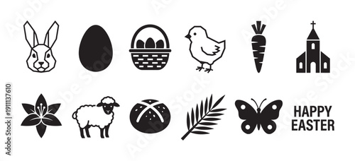 Set of black minimalist Easter icons featuring a bunny, egg, basket, chick, church, lamb, and lily, representing religious and spring holiday traditions and celebrations