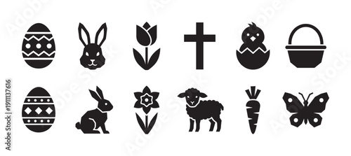 Collection of black Easter holiday icons featuring a bunny, egg, cross, lamb, and chick in a simple minimalist silhouette style for spring celebration design elements