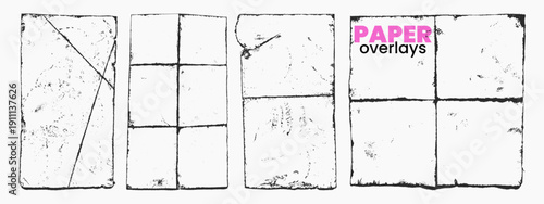 Punk grunge paper texture set with vinyl paper overlay. Folded and wrinkled blank pages. Rough vintage overlays for layouts frames and mockup use.