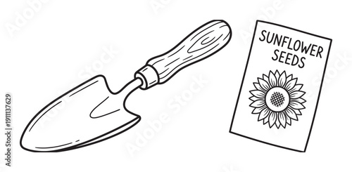 Hand-drawn garden trowel with a wooden handle and a packet of sunflower seeds in a simple black and white line art illustration style for a gardening or hobby concept