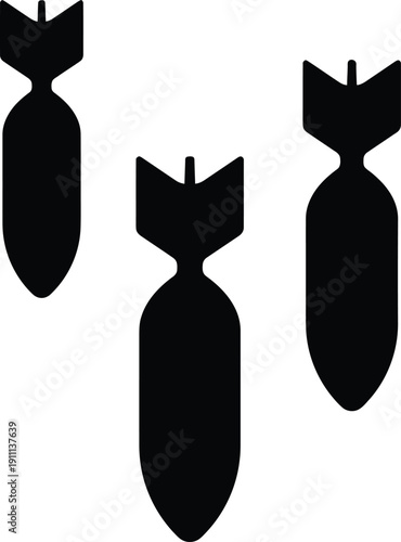 Silhouette of three aerial bombs falling representing an air strike, military bombardment, and historical warfare during a combat mission or conflict, isolated on white background. AI Generative

