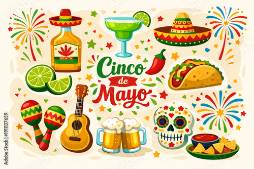 A vibrant illustration celebrating Cinco de Mayo with colorful festive elements and traditional Mexican symbols.