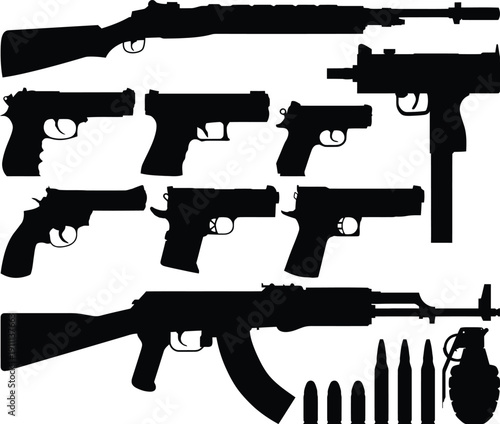 Comprehensive collection of tactical military weapon silhouettes including assault rifles, long rifles, handguns, revolvers, submachine guns, grenades, and ammunition isolated AI Generative