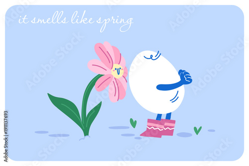 Easter card It Smells Like Spring with an egg character in boots sniffing a smiling pink flower