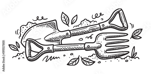 Hand drawn garden trowel and fork illustration with soil and leaves in a sketchy black and white doodle style, representing horticulture and planting concepts