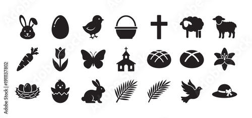 Set of black Easter holiday icons featuring a bunny, egg, chick, cross, lamb, and church in a simple silhouette glyph style for religious and spring celebrations