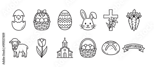 Collection of hand-drawn Easter holiday icons in a simple black line art style with a chick, bunny, lamb, cross, church, eggs, basket, carrots, and a festive banner