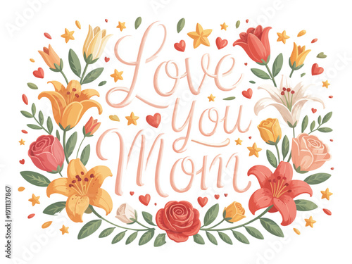 A colorful floral illustration with the words 'Love You Mom' surrounded by flowers and hearts