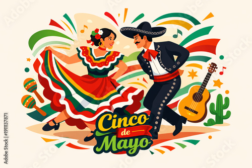 A vibrant illustration of a man and woman dancing together in traditional Mexican attire during a Cinco de Mayo celebration