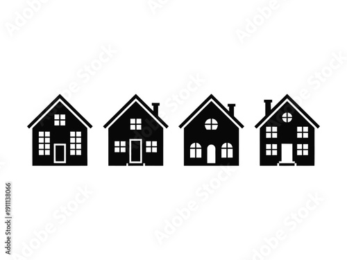 A set of four simple black and white house icons on a clean white background for real estate or architecture use