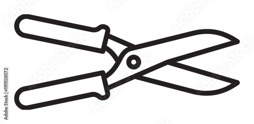 Gardening shears line art icon in a simple black and white vector style, showing an open pruner tool used for trimming plants, landscaping, and horticultural work