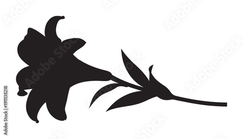 Black silhouette of a lily flower on a stem with leaves, presented in a simple, elegant, and minimalist graphic style for a clean and modern botanical illustration