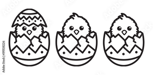 Three adorable cartoon chicks hatching from decorated Easter eggs in a charming black and white line art style, showing the sequence of a baby bird emerging from its shell