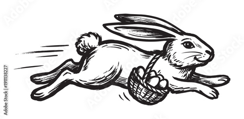Dynamic black and white Easter bunny illustration running fast while carrying a woven basket full of eggs, rendered in a hand-drawn ink sketch or woodcut style