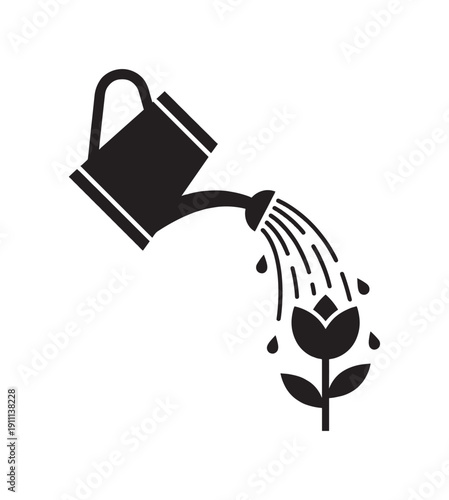 Black silhouette icon of a watering can pouring water from its spout onto a small growing flower, a minimalist graphic symbolizing gardening, growth, nurturing, and care