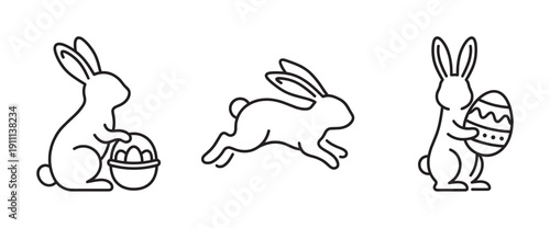 Three black line art Easter bunny icons showing a rabbit with a basket, a jumping hare, and a bunny holding a decorated egg in a minimalist, simple, modern style for the spring holiday