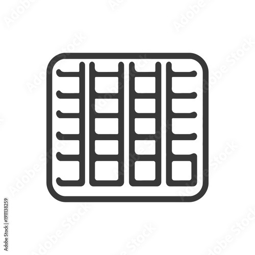 A rectangular tray with several small rectangular compartments depicted