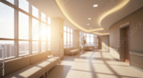 Tranquil Hospital Interior with Soft Lighting, Warm Windows, and Serene Ambiance for Healing Spaces