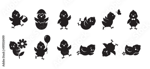 Collection of cute black Easter chick silhouettes in various playful poses, hatching from an egg, holding a flower, and playing with a balloon in a charming cartoon style