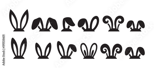Set of black bunny ear silhouettes in various styles for Easter holiday decoration, featuring different shapes from simple to curly for festive graphic design elements and icons