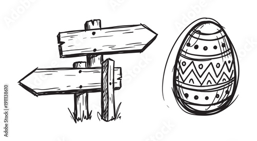 Hand-drawn decorated Easter egg and wooden signpost with arrows in a simple black and white sketch style, a festive holiday doodle for an egg hunt concept