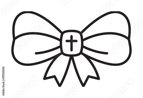 Black line art bow icon with a Christian cross in the center, symbolizing faith, baptism, or first communion in a minimalist and clean vector illustration style