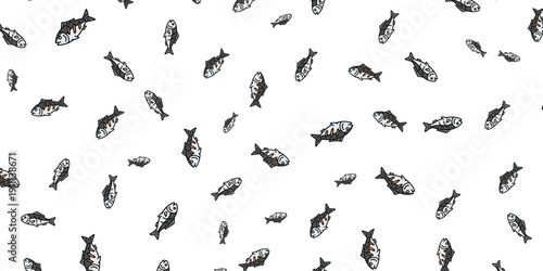Seamless pattern with a multitude of small fish scattered across a white background